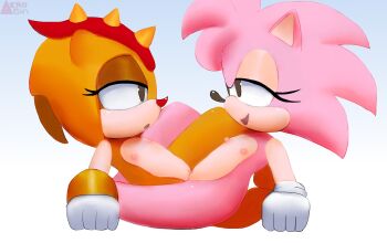 2girls amy_rose artist_request character_request classic_amy_rose eye_contact flat_chest furry furry_female furry_with_furry highres loli looking_at_another multiple_girls nipples nude pussy simple_background smile sonic_(series) source_request tribadism yuri