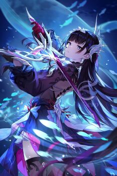 1girl asymmetrical_gloves black_gloves black_hair black_shrug black_thighhighs blue_background breasts dress earrings fish from_behind from_side gloves highres holding holding_instrument honkai:_star_rail honkai_(series) hysilens_(honkai:_star_rail) instrument jewelry libero_art medium_breasts mismatched_gloves music parted_lips pearl_earrings playing_instrument purple_dress purple_eyes purple_gloves shrug_(clothing) solo thighhighs whale