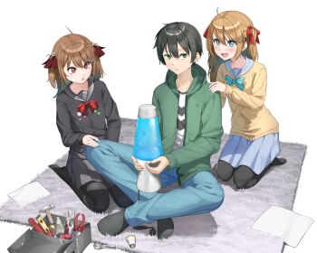 1boy 2girls absurdres ahoge aqua_bow aqua_bowtie black_cardigan black_hair black_sailor_collar black_socks black_thighhighs blue_pants blue_sailor_collar blush bow bowtie broken_heart broken_heart_hair_ornament brown_hair cardigan closed_mouth commentary english_commentary evil_neuro-sama from_above from_side full_body green_eyes green_hoodie hair_between_eyes hair_ornament hair_ribbon hammer heart heart_hair_ornament highres hood hoodie lava_lamp light_bulb long_hair long_sleeves medium_skirt multiple_girls neuro-sama no_shoes open_mouth pants personification pleated_skirt psionnee red_bow red_bowtie red_ribbon ribbon sailor_collar screwdriver seiza shirt short_hair simple_background sitting skirt skull_hair_ornament socks thighhighs toolbox tools two_side_up vedal987 vedal_ai virtual_youtuber white_background white_carpet white_shirt wrench yellow_cardigan