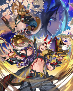 3boys abs animal_ears aqua_eyes arataki_itto armor asymmetrical_gloves bandages belt black_belt black_choker black_coat black_gloves black_hair black_nails blue_eyes blue_horns bodypaint bracelet branch brown_hair cherry_blossoms chest_harness choker closed_mouth club club_(weapon) coat colored_inner_hair commentary crop_top dog_boy dog_ears dog_tail earrings eyeshadow facepaint fangs fingerless_gloves fingernails flower frown genshin_impact gloves glowing glowing_eyes gorou_(genshin_impact) gradient_hair grey_pants hair_between_eyes hand_on_own_hip hand_up harness highres holding holding_weapon horns igote japanese_armor jewelry kanabou kouhaku_nawa long_fingernails long_hair looking_at_viewer makeup male_focus midriff_sarashi mismatched_gloves multicolored_hair multiple_boys nail_polish o-ring o-ring_choker oni_horns open_clothes open_coat open_mouth outstretched_arm pants parted_bangs paw_print petals pink_flower pom_pom_(clothes) red_eyes red_eyeshadow red_hair red_horns rope sarashi sharp_fingernails shimenawa short_hair shoulder_armor sidelocks single_sode sleeveless sleeveless_coat smile sode spiked_bracelet spiked_choker spiked_club spikes standing streaked_hair tail takuya_(genshin_impact) tassel teeth ushi_(genshin_impact) v-shaped_eyebrows vision_(genshin_impact) weapon white_hair xrjingx