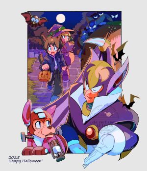 Rule 34 | blonde hair, border, brown hair, full moon, green eyes, halloween, highres, mega man (character), mega man (classic), mega man (series), moon, night, non-humanoid robot, robot, robot animal, robot dog, roll (mega man), rush (mega man), shade man, srnhuyuno, watermark, white border