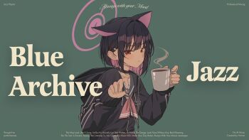 1girl animal_ears black_choker blue_archive cat_ears choker closed_mouth coffee cup earphones halo holding holding_cup hood hoodie k.j. kazusa_(blue_archive) long_sleeves school_uniform second-party_source