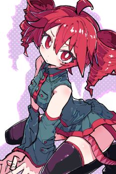 1girl absurdres ahoge bare_shoulders belt black_boots black_thighhighs boots breast_pocket closed_mouth collared_shirt commentary detached_sleeves drill_hair drop_shadow elenagr english_commentary grey_shirt grey_skirt hair_between_eyes highres kasane_teto kasane_teto_(utau) looking_at_viewer miniskirt necktie pleated_skirt pocket polka_dot polka_dot_background red_belt red_eyes red_hair red_necktie shirt skirt sleeveless solo squatting thigh_boots thighhighs twin_drills utau wing_collar