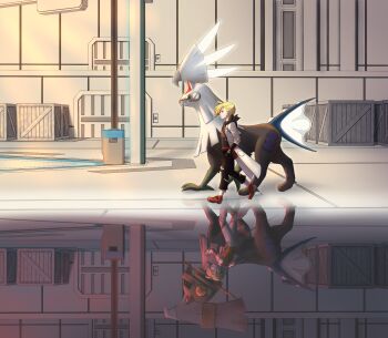 1boy aged_down aurantia_ignis black_hoodie black_pants blonde_hair bright_pupils closed_mouth commentary_request crate fanny_pack from_side full_body gen_7_pokemon gladion_(pokemon) green_eyes grey_eyes highres hood hood_down hoodie in-universe_location indoors jacket lab_coat legendary_pokemon long_sleeves nintendo open_clothes open_jacket pants pokemon pokemon_(creature) pokemon_sm red_bag red_shoes shoes silvally split_screen torn_clothes type:_null white_jacket white_pants white_pupils