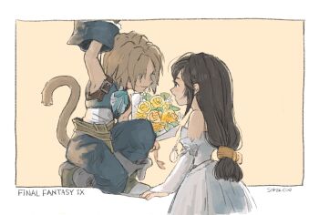 Rule 34 | 1boy, 1girl, aqua vest, artist name, black hair, blonde hair, blue wrist cuffs, couple, dress, final fantasy, final fantasy ix, flower, garnet til alexandros xvii, highres, lace-up top, long hair, low-tied long hair, monkey tail, simple background, soraoyogusakana, tail, vest, wedding dress, wrist cuffs, yellow flower, zidane tribal