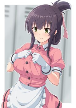 1girl alternate_costume apron blend_s blush breasts collared_dress commentary_request commission cosplay cowboy_shot crossover dress dressing folded_ponytail frilled_apron frills gloves green_eyes hair_ornament hair_ribbon hairclip highres large_breasts locker long_hair long_sidelocks maruta_(denmasked) pink_dress pink_ribbon puffy_short_sleeves puffy_sleeves purple_hair ribbon sakuranomiya_maika sakuranomiya_maika_(cosplay) short_dress short_sleeves sidelocks skeb_commission solo stile_uniform toji_no_miko voice_actor_connection waitress waki_azumi white_apron white_gloves yanase_mai