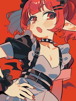 1girl bat_wings belt black_belt black_choker black_dress blunt_bangs chest_harness choker cowboy_shot dress fang flat_chest hand_on_own_hip harness highres looking_at_viewer open_mouth original pointy_ears puffy_sleeves red_background red_eyes red_hair simple_background solo spiked_choker spikes twintails umipi wings