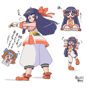 2girls arms_up artist_name ass breasts brown_eyes fingerless_gloves gloves hair_ribbon highres japanese_text kneeling leg_lift leg_up legs long_hair looking_at_viewer looking_back medium_breasts multiple_girls multiple_views nakoruru nipple_slip nipples no_bra open_mouth panicking pants purple_hair ribbon rimururu sad samurai_spirits school_uniform serafuku serious siblings sideboob sisters smile snk taunting thighs tongue translation_request weapon