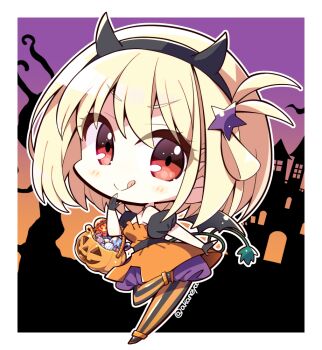 1girl :p akaneya alternate_costume bare_shoulders basket black_gloves black_hairband blonde_hair blush_stickers border closed_mouth commentary_request demon_girl demon_horns demon_wings dress elbow_carry fake_horns fake_wings gloves grey_background hair_between_eyes hair_ornament hairband halloween halloween_costume hand_up holding holding_basket horns jack-o&#039;-lantern looking_at_viewer lycoris_recoil medium_hair nishikigi_chisato one_side_up orange_background orange_dress purple_background red_eyes short_dress simple_background smile solo star_(symbol) star_hair_ornament tongue tongue_out twitter_username v-shaped_eyebrows white_border wings