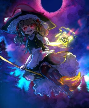 Rule 34 | 1girl, apron, black dress, black hat, black leggings, black vest, blonde hair, borzoii, bow, broken heart, broken heart hair ornament, broom, broom riding, cosplay, dress, energy, evil neuro-sama, flying, frilled dress, frilled sleeves, frills, hair ornament, hair ribbon, hat, hat bow, heart, highres, kirisame marisa, kirisame marisa (cosplay), leggings, long hair, looking at viewer, mini-hakkero, neuro-sama, red eyes, red ribbon, ribbon, shirt, short sleeves, solo, touhou, turtleneck, turtleneck shirt, twintails, vedal ai, vest, virtual youtuber, waist apron, white bow, white shirt, witch hat