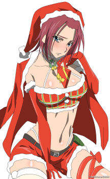 1girl artist_name belt blue_eyes capelet christmas code_geass elbow_gloves female_focus gloves highres kouzuki_kallen looking_at_viewer medium_hair parted_bangs railtracer8888 red_capelet red_hair santa_costume short_shorts shorts simple_background tagme thigh_strap thighs white_background