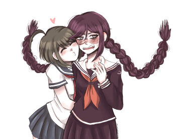 2girls ahoge axolotl-anne blue_sailor_collar blue_sky blush braid closed_eyes collared_shirt commentary danganronpa:_trigger_happy_havoc danganronpa_(series) danganronpa_another_episode:_ultra_despair_girls english_commentary eyelashes floating_hair fukawa_toko glasses green_hair heart long_hair long_sleeves mole mole_under_mouth multiple_girls naegi_komaru neckerchief open_mouth puckered_lips purple_hair purple_serafuku purple_shirt purple_skirt red_neckerchief round_eyewear sailor_collar school_uniform serafuku shirt short_hair short_sleeves skirt skirt_set sky sweatdrop teasing teeth twin_braids twintails upper_teeth_only white_sailor_collar white_shirt yuri