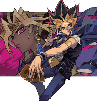 Rule 34 | 2boys, absurdres, ancient egyptian clothes, arm up, armlet, atem, belt, black belt, black hair, black shirt, blonde hair, blue jacket, blue pants, bracelet, card, collared jacket, commentary, dark-skinned male, dark skin, earrings, facial mark, forehead mark, highres, holding, holding card, jacket, jacket on shoulders, jewelry, looking to the side, male focus, millennium puzzle, multicolored hair, multiple belts, multiple boys, pants, parted lips, piercing, pink eyes, popped collar, purple eyes, saka nagiya, shirt, sideways glance, sleeveless, sleeveless shirt, smile, spiked hair, studded belt, tiara, two-tone hair, untranslatable commentary, yami yugi, yu-gi-oh!, yu-gi-oh! duel monsters