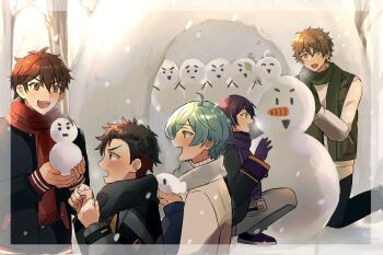 5boys ahoge black_hair black_pants black_scarf brown_eyes brown_hair carrot clenched_hands commentary_request ear_piercing ensemble_stars! gloves green_eyes green_scarf grey_scarf hands_up highres jacket kneeling leaf long_sleeves looking_at_another male_focus mogu_(mogu_monu) morisawa_chiaki multicolored_hair multiple_boys nagumo_tetora open_mouth outdoors pants parted_bangs piercing purple_gloves purple_hair purple_scarf red_hair red_scarf ryuseitai_(ensemble_stars!) scarf sengoku_shinobu shinkai_kanata short_hair smile snowing snowman squatting streaked_hair takamine_midori teeth two-tone_hair upper_teeth_only winter_clothes