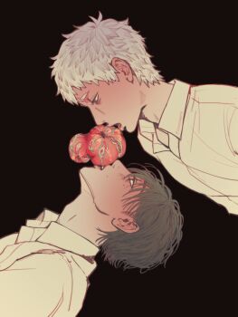 Rule 34 | 2boys, apple, black background, black hair, blush, collared shirt, commentary, duckeconomy, english commentary, food, fruit, highres, hikaru ga shinda natsu, indou hikaru, looking at another, male focus, mole, mole on cheek, mole under eye, multiple boys, open mouth, rotten, shirt, short hair, simple background, tsujinaka yoshiki, twitter username, upper body, white hair, white shirt, yaoi