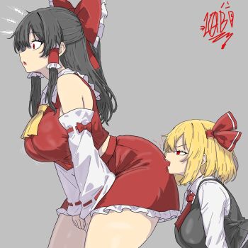 2girls alternate_breast_size_(larger) ascot biting biting_ass black_hair black_vest blonde_hair bow breasts commentary detached_sleeves drawlab33t dress english_commentary frilled_bow frilled_hair_tubes frilled_skirt frills grey_hair hair_bow hair_ribbon hair_tubes hakurei_reimu highres japanese_clothes large_breasts long_hair long_sleeves miko multiple_girls nontraditional_miko open_mouth red_ascot red_bow red_eyes red_ribbon red_skirt ribbon ribbon-trimmed_sleeves ribbon_trim rumia shirt short_hair sideboob signature skirt skirt_set touhou v_arms vest white_shirt yellow_ascot
