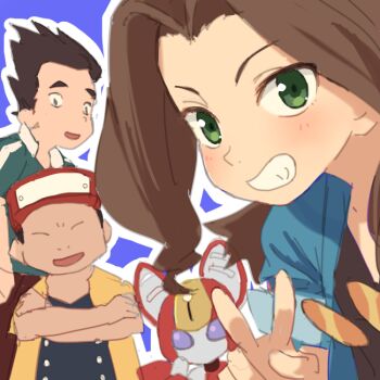 anonymous_artist iwanoi kagamiyama kikuhime medarot peppercat simple_background smile the_screws victory_pose