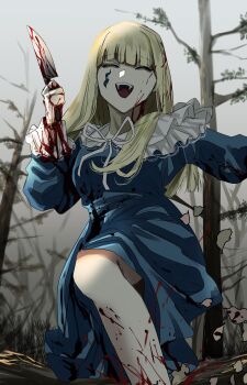 Rule 34 | 1girl, blonde hair, blood, blood in hair, blood on face, blood on hands, blood on leg, bloody knife, blue dress, closed eyes, commentary, dress, gunjyou (gunjyou 00), highres, holding, holding knife, knife, long hair, long sleeves, open mouth, original, outdoors, solo, teeth, tree, upper teeth only