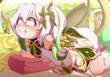 1girl absurdres arms_behind_back bare_shoulders bdsm bent_over blush bondage bound clenched_teeth constricted_pupils day dress eyebrows eyelashes feet_out_of_frame female_focus flat_chest from_side genshin_impact green_dress green_eyes green_hair grey_hair hair_ornament highres indoors k_hyeonee kneeling loli long_hair looking_afar looking_up multicolored_dress multicolored_hair nahida_(genshin_impact) nose nose_blush ponytail rope scared shorts side_ponytail sleeveless sleeveless_dress solo star-shaped_pupils star_(symbol) streaked_hair symbol-shaped_pupils teeth two-tone_hair white_dress white_shorts yellow_dress