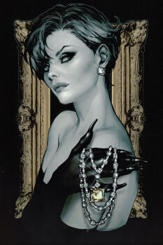 1girl bare_shoulders batman_(series) black_background black_dress black_gloves black_hair comic_cover commentary dc_comics diamond_earrings dress earrings elbow_gloves english_commentary fingernails gloves highres jewelry long_fingernails selina_kyle short_hair solo sozomaika