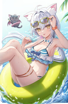 >_< 1boy 1girl :3 ahoge aira_(oridays) animal_ear_fluff armpits bat_wings bikini blue_bow blush bow bowtie bracelet breasts brown_eyes cleavage collarbone commentary eyewear_on_head facial_mark floating food forehead_mark frilled_bikini frills hair_intakes hair_ornament hairclip highres holding holding_food holding_ice_cream_cone holding_popsicle ice_cream ice_cream_cone jewelry leaf long_hair looking_at_viewer medium_breasts melting_popsicle multiple_scoops nail_polish navel ori_(oridays) oridays original paw_print ponytail ponytail_holder popsicle sidelocks sitting sparkle splashing sunglasses sweat swim_ring swimsuit thigh_strap tongue tongue_out very_long_hair wet white_hair wings x3