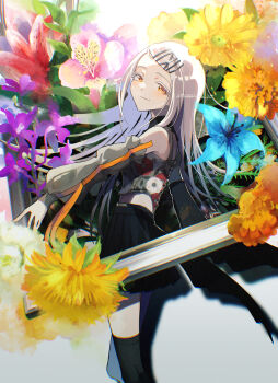 Rule 34 | 1girl, absurdres, arm strap, backlighting, bare shoulders, black dress, black skirt, black socks, blush, commentary request, contrast (idolmaster), dress, floral print, floral print dress, flower, gakuen idolmaster, grey hair, hair ornament, hairclip, highres, idolmaster, long hair, looking at viewer, messiah go, midriff, official alternate costume, orange eyes, picture frame, print dress, puffy sleeves, shadow, shinosawa hiro, skirt, smile, socks, solo, twitter username