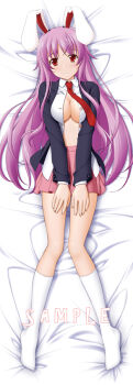 1girl animal_ears blazer breasts cleavage dakimakura_(medium) female_focus full_body jacket large_breasts long_hair lying necktie open_clothes open_shirt purple_hair rabbit_ears red_eyes red_necktie reisen_udongein_inaba sample_watermark shirt sin-go skirt socks solo touhou watermark