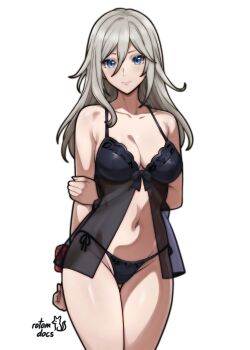 1girl absurdres alisa_ilinichina_amiella arms_behind_back artist_name bare_shoulders black_bra black_panties bra breasts cleavage collarbone commentary commission cowboy_shot english_commentary front-tie_top gluteal_fold god_eater grey_eyes grey_hair hair_between_eyes hand_on_own_arm highres light_blush lingerie long_hair looking_at_viewer medium_breasts navel panties rotomdocs see-through_clothes side-tie_panties sideboob signature smile solo stomach underwear white_background