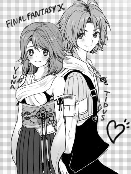 Rule 34 | 00s, 1boy, 1girl, atm8989, bad id, bad pixiv id, bare shoulders, blush, character name, copyright name, detached sleeves, dissidia 012 final fantasy, dissidia final fantasy, final fantasy, final fantasy x, gloves, greyscale, gurumi mami, heart, hood, hoodie, image sample, japanese clothes, jewelry, kimono, long hair, monochrome, necklace, pixiv sample, robe, short hair, smile, suspenders, tidus, yuna, yuna (ff10)