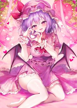 Rule 34 | 1girl, bat wings, commentary request, hat, heart, heart hands, highres, low wings, mob cap, nenobi (nenorium), pink hat, pink shirt, pink skirt, purple eyes, purple hair, remilia scarlet, shirt, short hair, skirt, solo, thighhighs, touhou, white thighhighs, wings