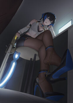 1girl absurdres bare_shoulders black_bra black_choker black_hair black_pantyhose black_shoes black_skirt blue_eyes blue_hair bow_(weapon) bra bra_peek braid breasts chair chinese_commentary choker cleavage closed_mouth clothing_cutout commentary_request crossbow crossed_legs desk from_below full_body hair_between_eyes hand_on_own_cheek hand_on_own_face high_heels highres holding holding_crossbow holding_weapon katya_klein large_breasts long_hair looking_at_viewer miniskirt monitor multicolored_hair navel official_alternate_costume on_chair pantyhose partially_unbuttoned pencil_skirt sa-baaa shirt shoe_dangle shoes shoulder_cutout sidelocks sitting skirt snowbreak:_containment_zone solo tongue tongue_out underwear weapon white_hair white_shirt white_sleeves