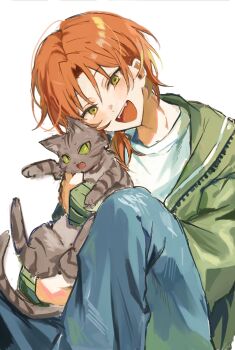 1boy animal blush brown_cat cat curtained_hair denim ensemble_stars! fangs green_eyes green_jacket hair_between_eyes happy head_tilt highres holding holding_animal holding_cat hood hooded_jacket jacket jeans love_(chyuu_u) low_ponytail male_focus open_mouth orange_hair pants ponytail shirt simple_background sitting solo tabby_cat tsukinaga_leo white_background white_shirt zipper