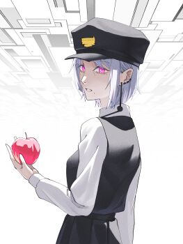 1girl absurdres apple black_dress black_hat chainsaw_man dress earrings fami_(chainsaw_man) food fourth_east_high_school_uniform fruit grey_hair hat highres holding holding_food holding_fruit jewelry kiwi_(uwee8553) long_sleeves mole mole_under_eye mole_under_mouth multiple_moles peaked_cap pinafore_dress pink_eyes ringed_eyes school_uniform shirt sleeveless sleeveless_dress solo white_shirt