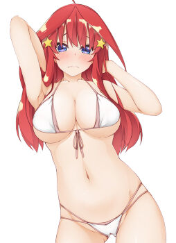 1girl :c ahoge armpits arms_up bikini blue_eyes blush breasts cameltoe cleavage closed_mouth collarbone commentary_request cowboy_shot curvy eyelashes front-tie_bikini_top front-tie_top frown furrowed_brow gluteal_fold go-toubun_no_hanayome groin hair_ornament hand_in_own_hair hinata_masaki large_breasts long_hair looking_at_viewer nakano_itsuki navel red_hair shiny_skin shy sidelocks solo standing star_(symbol) star_hair_ornament stomach swimsuit white_bikini