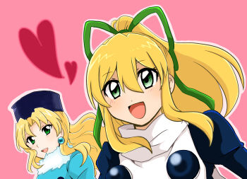 2girls absurdres aika17962240 black_headwear black_sleeves blonde_hair blue_dress buttons commentary_request dress fur-trimmed_collar fur_hat fur_trim green_eyes green_ribbon hat heart highres kalinka_cossack_(mega_man) long_hair long_sleeves mega_man_(classic) mega_man_(series) multiple_girls open_mouth pink_background ponytail ribbon roll_(mega_man) upper_body ushanka