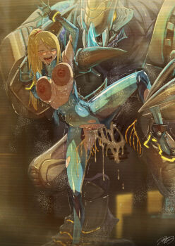 1boy 1girl against_glass ahegao ajula_wachula blonde_hair blue_bodysuit bodysuit breast_press breasts breasts_on_glass commentary_request commission constricted_pupils cum cum_overflow d: highres huge_penis interspecies large_breasts leg_up metroid monster nintendo nipples open_mouth penis ponytail rape samus_aran sex sex_from_behind skeb_commission testicles tongue tongue_out torn_bodysuit torn_clothes zero_suit
