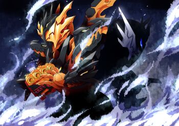 2boys armor back-to-back black_armor compound_eyes cross-z_magma dragon dragon_wings eastern_dragon evolution fire gloves highres kamen_rider kamen_rider_build_(series) kamen_rider_cross-z magma_knuckle manly lava multiple_boys orange_eyes orange_gloves otokamu spot_color upper_body white_fire wings