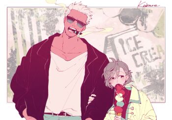 1boy 1girl antenna_hair asymmetrical_bangs belt belt_buckle black_belt black_jacket black_shirt blush border buckle cigar collarbone commentary_request couple covered_mouth eating facial_hair food forehead goatee_stubble grey_hair height_difference hetero highres holding holding_another&#039;s_arm holding_ice_cream_cone ice_cream ice_cream_cone jacket jewelry kabane_(rjev8385) looking_at_viewer mouth_hold muscular muscular_male necklace oc_x_canon one_piece open_clothes open_jacket open_mouth original outside_border red_eyes shirt short_hair smoker_(one_piece) smoking standing stubble sunglasses swept_bangs teeth turtleneck turtleneck_shirt white_border white_hair white_shirt yellow_jacket