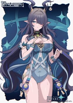 1girl adapted_costume antlers aoi_suzu aqua_eyes aqua_one-piece_swimsuit artist_name bare_shoulders blush breasts casual_one-piece_swimsuit commentary_request deer_antlers fingernails genshin_impact hair_intakes hair_over_one_eye hand_on_own_chest hand_up highres horns large_breasts lauma_(genshin_impact) long_hair looking_at_viewer one-piece_swimsuit parted_lips pointy_ears purple_hair solo sweatdrop swimsuit thighs very_long_hair watermark
