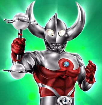 1boy abs alien beard belt belt_buckle buckle clenched_hand color_timer colored_skin commentary compound_eyes dorsal_fin dumbbell facial_hair father_of_ultra giant giant_male gloves glowing glowing_eyes green_background hanejidyna86 highres holding holding_dumbbell holding_weapon horns looking_at_viewer male_focus multicolored_skin muscular muscular_male no_pupils pectorals red_gloves red_skin silver_skin solo tokusatsu twitter_username two-tone_skin ultra_series ultraman_ace_(series) upper_body weapon white_eyes wrinkled_skin