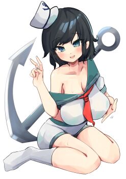 1girl absurdres anchor anchor_symbol blue_eyes blush breasts cleavage collared_shirt full_body grabbing_own_breast green_nails hat highres large_breasts looking_at_viewer medium_hair midriff mini_hat murasa_minamitsu neckerchief off_shoulder red_neckerchief shinonome_zakuro shirt short_sleeves shorts sitting socks solo sweat touhou v white_background white_hat white_shirt white_shorts white_socks yokozuwari