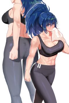 1girl abs ass black_sports_bra blue_eyes blue_hair breasts cleavage crop_top dan_koflove drying exercising highres holding holding_towel large_breasts leggings leona_heidern midriff multiple_views muscular muscular_female navel pants ponytail simple_background sports_bra stomach the_king_of_fighters tight_clothes tight_pants towel towel_around_neck white_background wiping_face yoga_pants