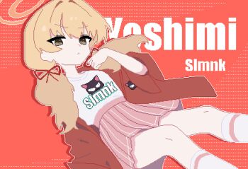 1girl absurdres blonde_hair blue_archive brown_eyes character_name closed_mouth cowboy_shot halo hand_up highres jacket long_hair looking_at_viewer low_twintails official_alternate_costume open_clothes open_jacket orange_halo pink_skirt pixel_art pleated_skirt red_background red_jacket shirt skirt slmnk10124 solo twintails white_shirt yoshimi_(band)_(blue_archive) yoshimi_(blue_archive)