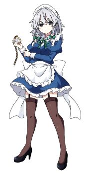 1girl absurdres apron back_bow black_shoes blush bow braid breasts brown_thighhighs chain closed_mouth collared_shirt commentary full_body garter_straps green_bow green_ribbon grey_eyes grey_hair hair_bow high_heels highres holding izayoi_sakuya juliet_sleeves long_hair long_sleeves looking_at_viewer maid maid_headdress neck_ribbon pioartstuff pocket_watch puffy_sleeves ribbon shirt shoes solo thighhighs touhou transparent_background twin_braids waist_apron watch white_apron white_bow white_shirt