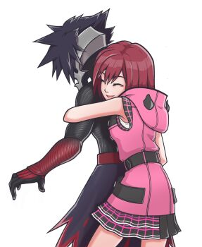 1boy 1girl black_hair closed_eyes commentary english_commentary highres hood hood_down hug hug_from_behind kairi_(kingdom_hearts) kikufukuslayer kingdom_hearts kingdom_hearts_iii red_hair scene_reference short_hair simple_background smile sonic_(series) sonic_x spiked_hair vanitas_(kingdom_hearts) white_background