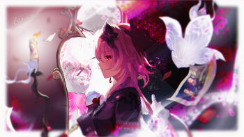 2girls absurdres breasts buttons candle choker commentary_request evernight_(honkai:_star_rail) evey_(honkai:_star_rail) flower from_side gloves hair_flower hair_ornament highres holding holding_umbrella honkai:_star_rail honkai_(series) march_7th_(honkai:_star_rail) march_7th_(preservation)_(honkai:_star_rail) medium_breasts mirror multiple_girls pink_hair qise_zhijing red_eyes reflection shirt smile umbrella upper_body white_shirt