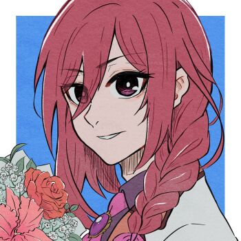 1boy blue_background blue_lock border bouquet braid chigiri_hyoma commentary_request conachun eyelashes flower hair_between_eyes highres long_hair looking_at_viewer parted_lips pink_eyes portrait red_hair solo trap upper_body white_border