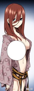 1girl bare_shoulders blue_eyes breasts brown_hair brown_obi brown_sash bruise bruise_on_leg closed_mouth collarbone colorized dot_nose female_focus go-toubun_no_hanayome hair_between_eyes hair_over_one_eye haruba_negi highres injury japanese_clothes japanese_text kimono large_breasts legs long_hair long_image long_sleeves looking_at_viewer manga_page midriff nakano_miku navel obi official_art ryokan sash solo solo_focus stitched stomach textless_version thighs third-party_edit yukata