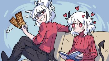 2girls black_horns black_tail book couch demon_girl demon_horns demon_tail grin helltaker holding holding_book holding_ticket horns kyo-hei_(kyouhei) lucifer_(helltaker) modeus_(helltaker) multiple_girls on_couch red_shirt red_sweater ribbed_sweater shirt smile sweater tail ticket white_horns