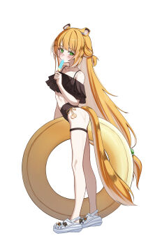 1girl absurdres animal_ear_fluff animal_ears ass bikini black_bikini blonde_hair blush collarbone crocs ddiddo eating food frilled_bikini frills from_side full_body highres holding holding_food holding_popsicle holding_swim_ring innertube ju_fufu loli looking_at_viewer off-shoulder_bikini off_shoulder popsicle simple_background solo swim_ring swimsuit tail thigh_strap tiger_ears tiger_tail wet white_background zenless_zone_zero